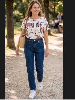 Zara White Short Sleeve Tee with Multicolor People Print
